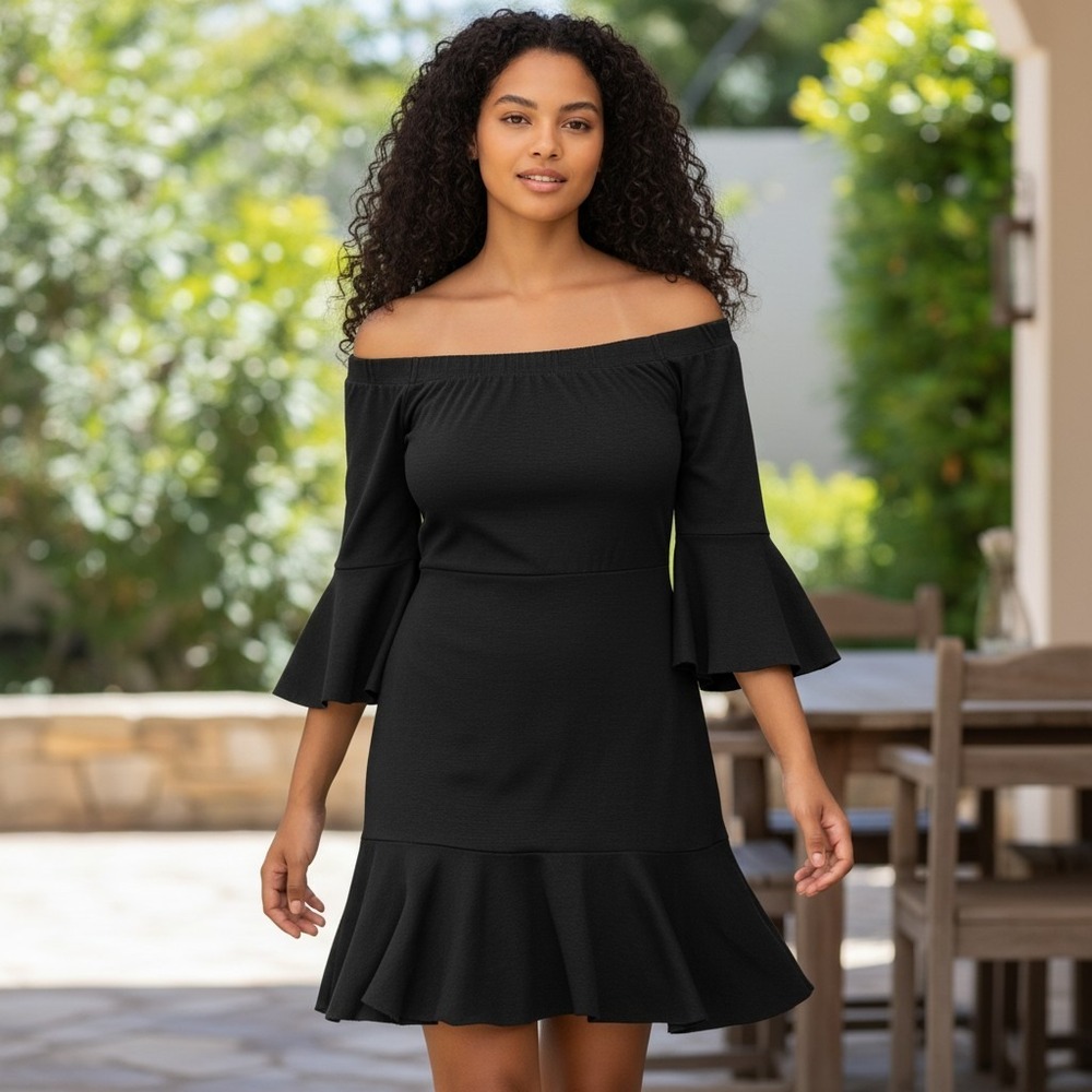 Free People Dress Womens XS Black Off Shoulder Bell Sleeve Flounce Hem Cotton‎